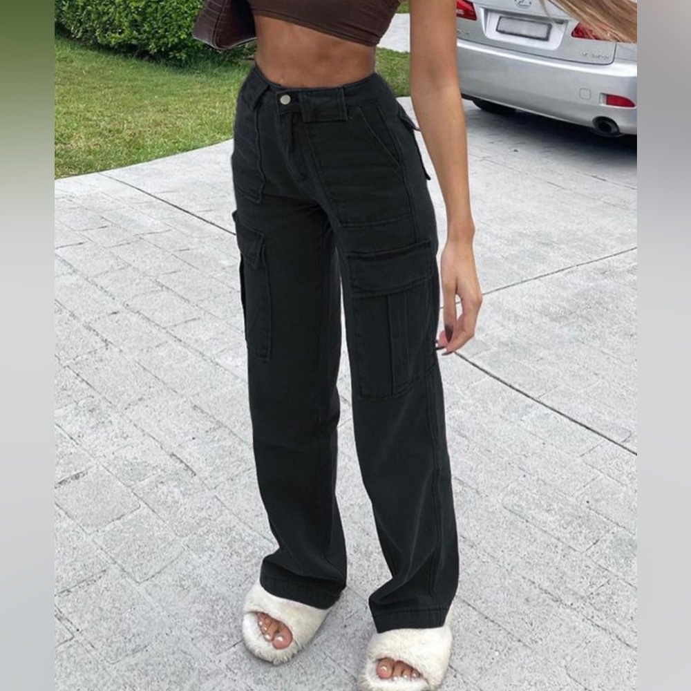 High Waisted Straight Leg Cargo Jeans